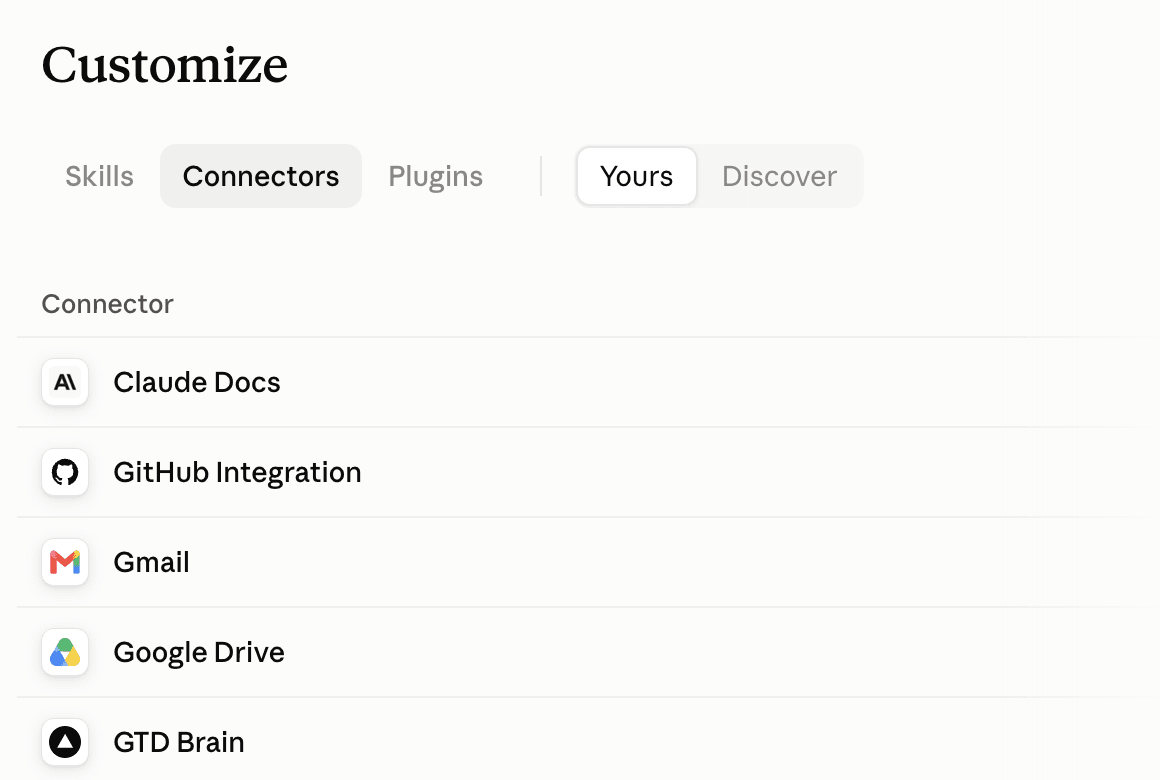 Claude's Customize page, Connectors tab, with GTD Brain in the list of connectors