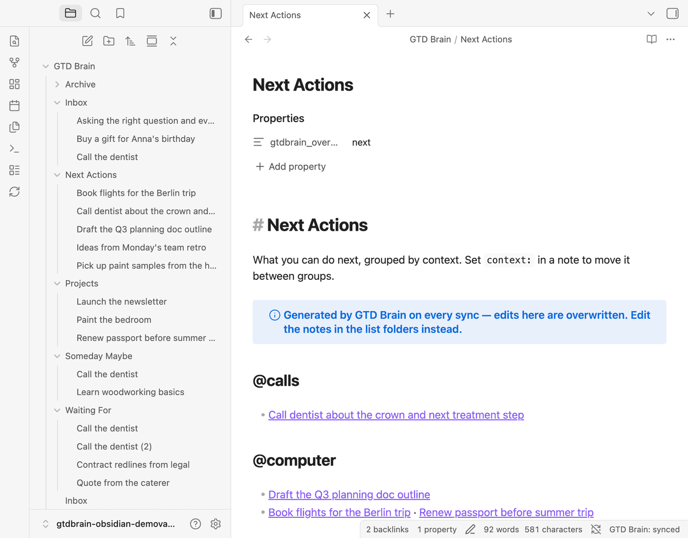 The Next Actions overview note with actions grouped under @calls, @computer and @errands headings, each linking to its note and its project