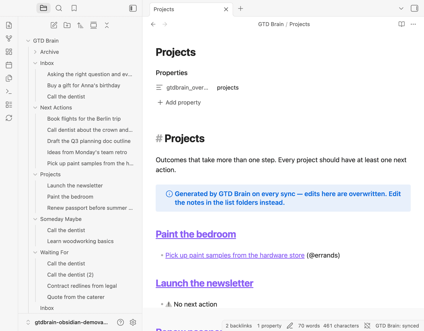 The Projects overview note listing Paint the bedroom with one action, Launch the newsletter flagged with No next action, and Renew passport with its action