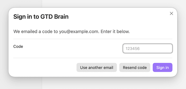 The same dialog asking for the six-digit code that was emailed