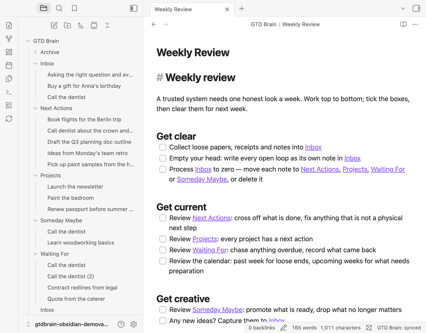 The Weekly Review checklist note with Get clear, Get current and Get creative sections, each item linking to a list