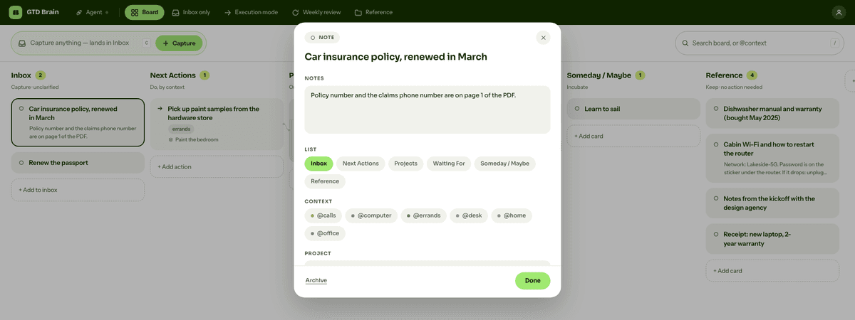 Clarifying the Inbox card Car insurance policy, renewed in March in GTD Brain: the List row offers Inbox, Next Actions, Projects, Waiting For, Someday / Maybe and Reference