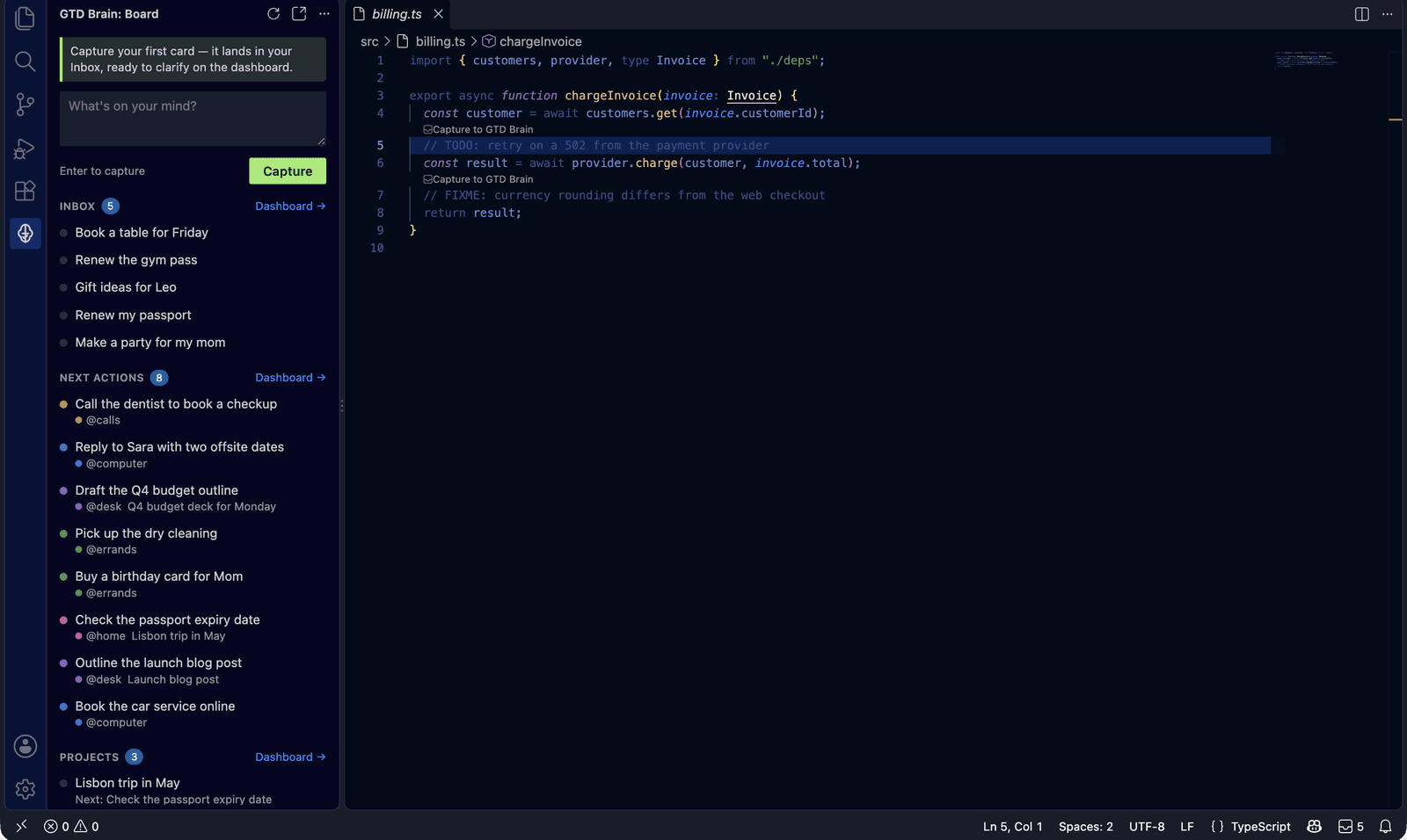 VS Code with the GTD Brain sidebar showing the Inbox, Next Actions tagged @calls, @computer, @errands and @home, and Projects, next to billing.ts where a Capture to GTD Brain link sits above each TODO and FIXME comment; the status bar shows an Inbox count of 5