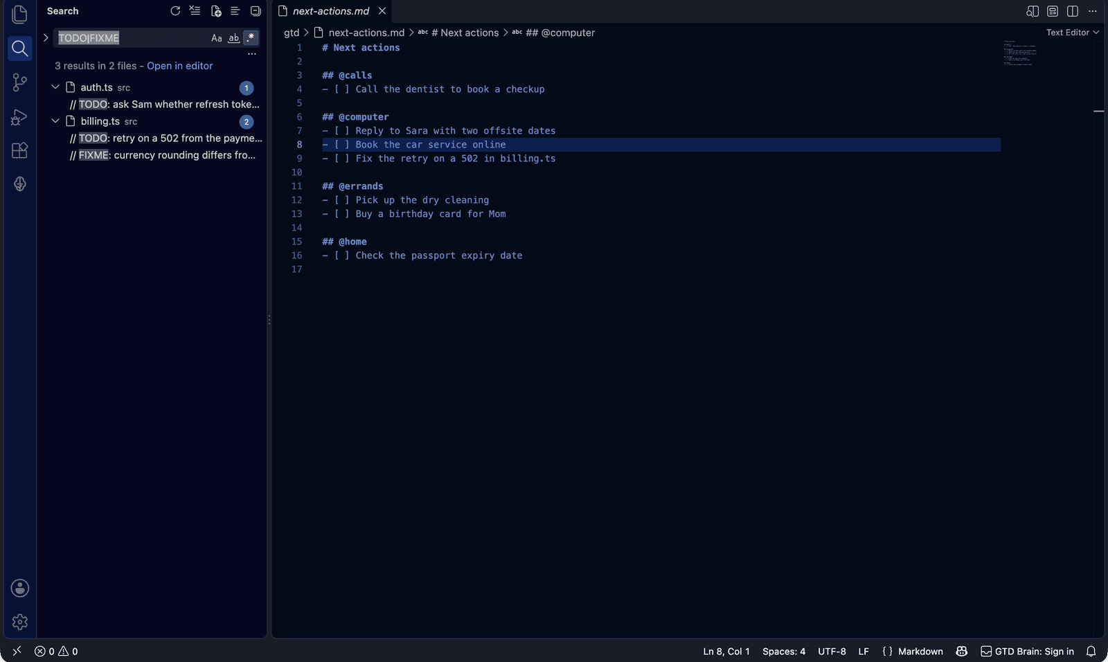 VS Code Search view with the regular expression TODO|FIXME finding three comments in auth.ts and billing.ts