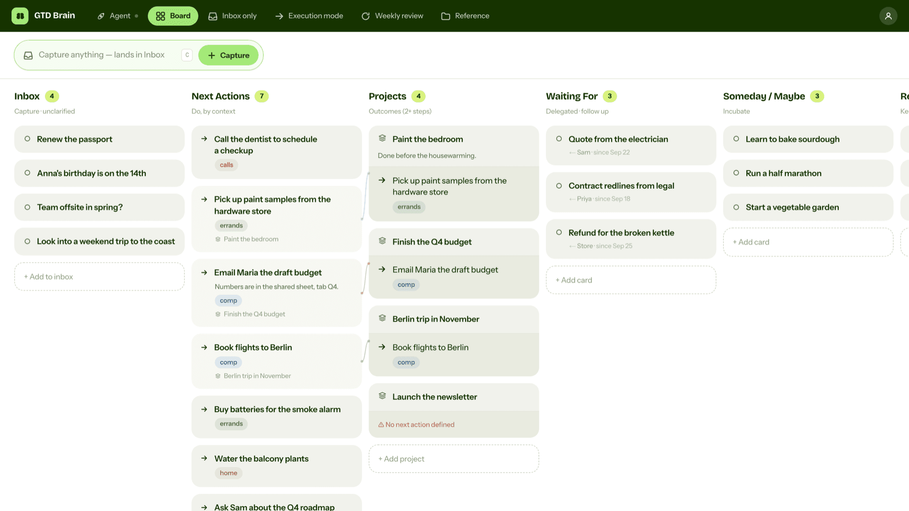 A GTD Brain board with Inbox, Next Actions, Projects, Waiting For and Someday / Maybe columns