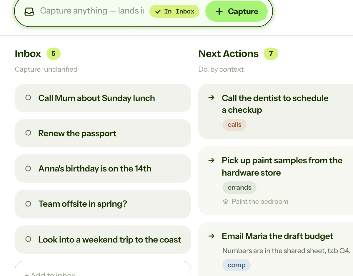 The GTD Brain capture box, with a new item landing at the top of the Inbox