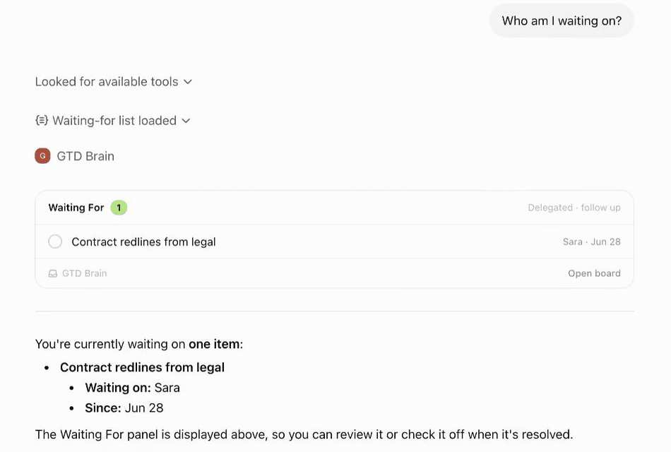 ChatGPT listing what is in the GTD Brain Waiting For list