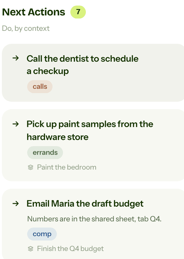 Next actions tagged with contexts such as calls, errands and computer