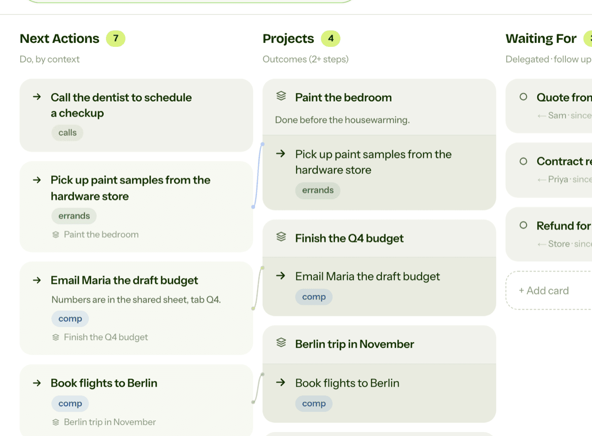 Next Actions linked to their projects, with Waiting For alongside, in GTD Brain
