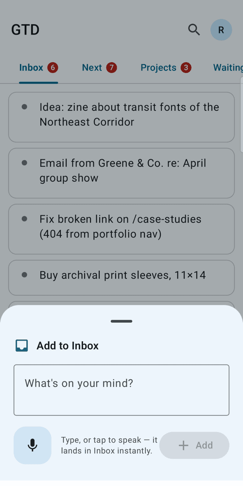The Add to Inbox sheet in the GTD Brain Android app