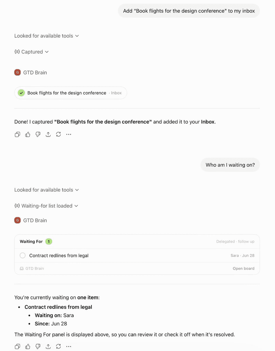 A ChatGPT chat: Add Book flights for the design conference to my inbox, answered by the GTD Brain app with the card shown in the Inbox