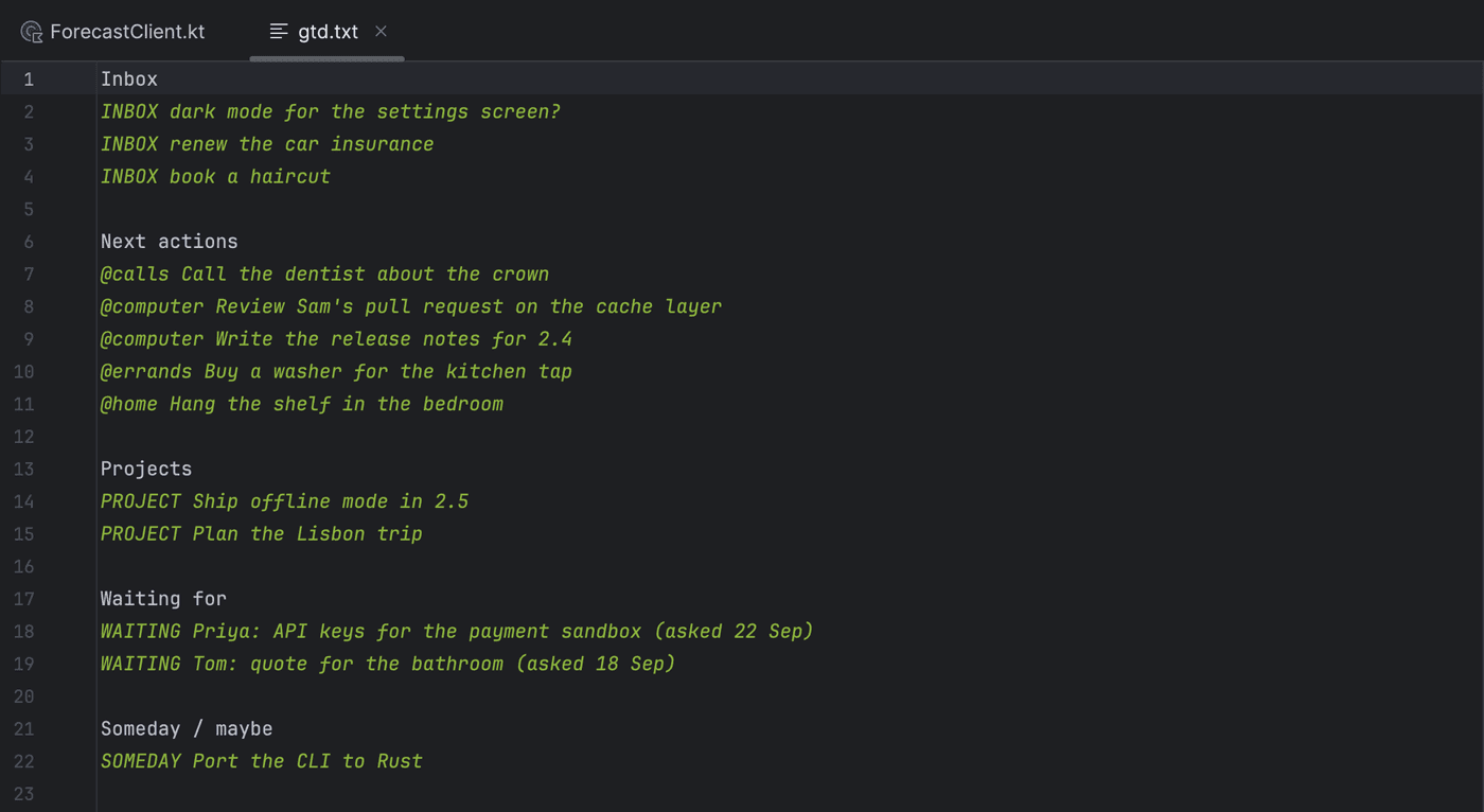 A gtd.txt file open in IntelliJ IDEA with Inbox, Next actions, Projects, Waiting for and Someday sections, every list line highlighted as a TODO item
