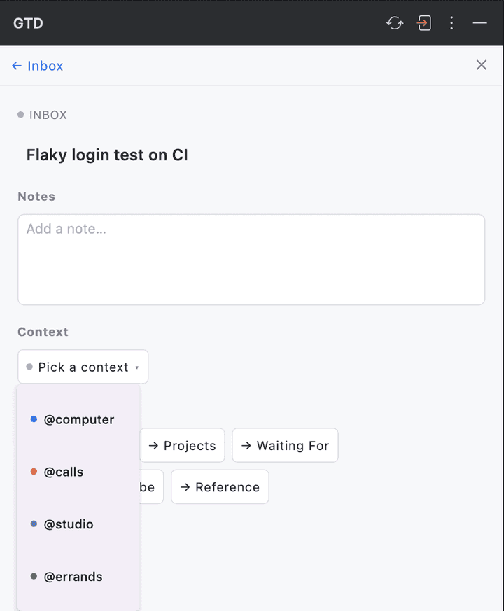 An inbox card called Flaky login test on CI open in the GTD Brain panel with the context menu showing @computer, @calls, @studio and @errands