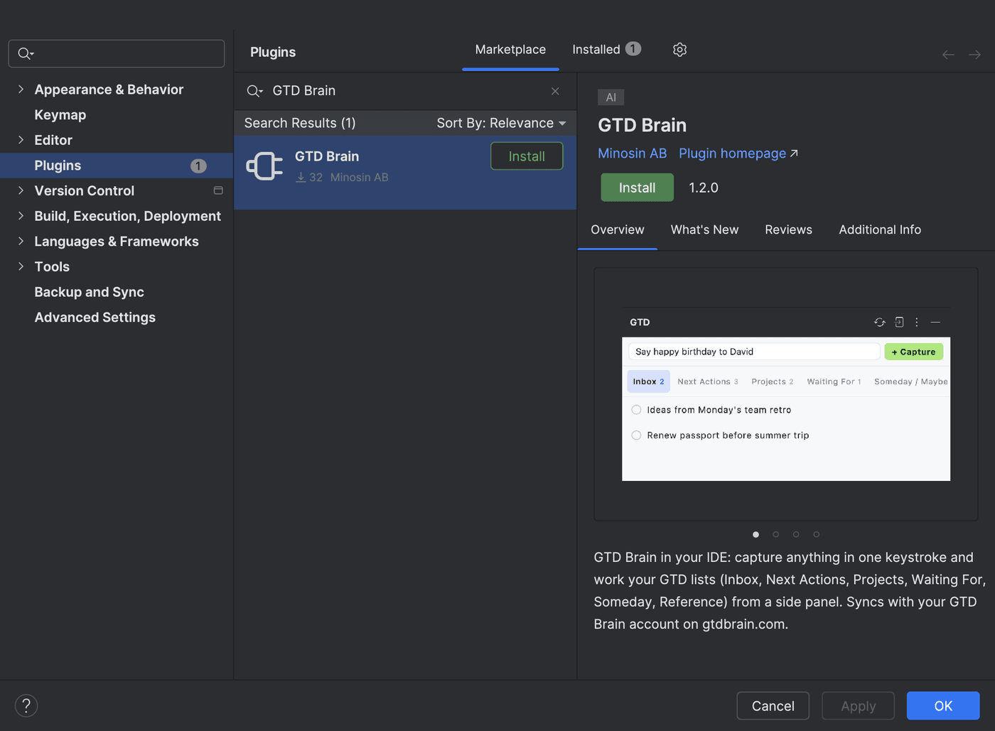 IntelliJ IDEA's Plugins settings with GTD Brain found in the Marketplace tab, version 1.2.0 by Minosin AB, and its Install button
