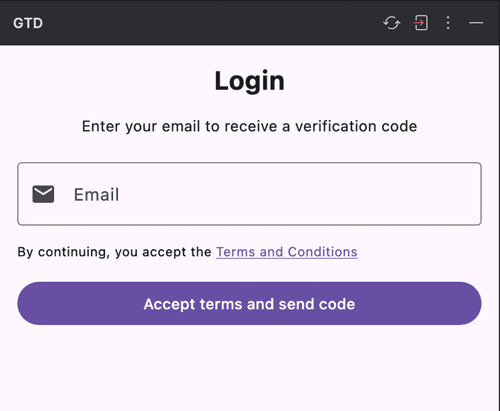 The GTD Brain panel's sign-in screen asking for an email address