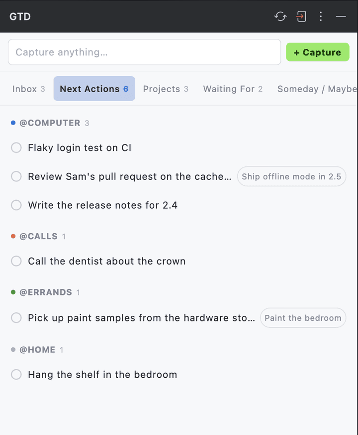 The Next Actions tab of the GTD Brain panel with actions grouped under @computer, @calls, @errands and @home, the flaky test card now first under @computer
