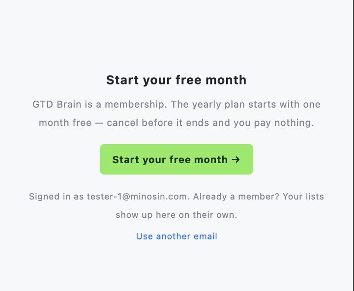 The GTD Brain panel for a signed-in account without a membership, with a Start your free month button