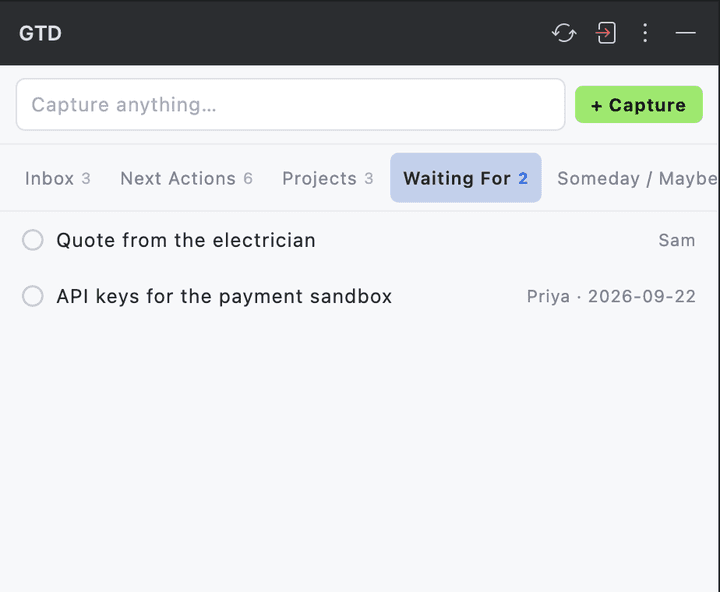 The Waiting For tab with Quote from the electrician from Sam and API keys for the payment sandbox from Priya since 2026-09-22