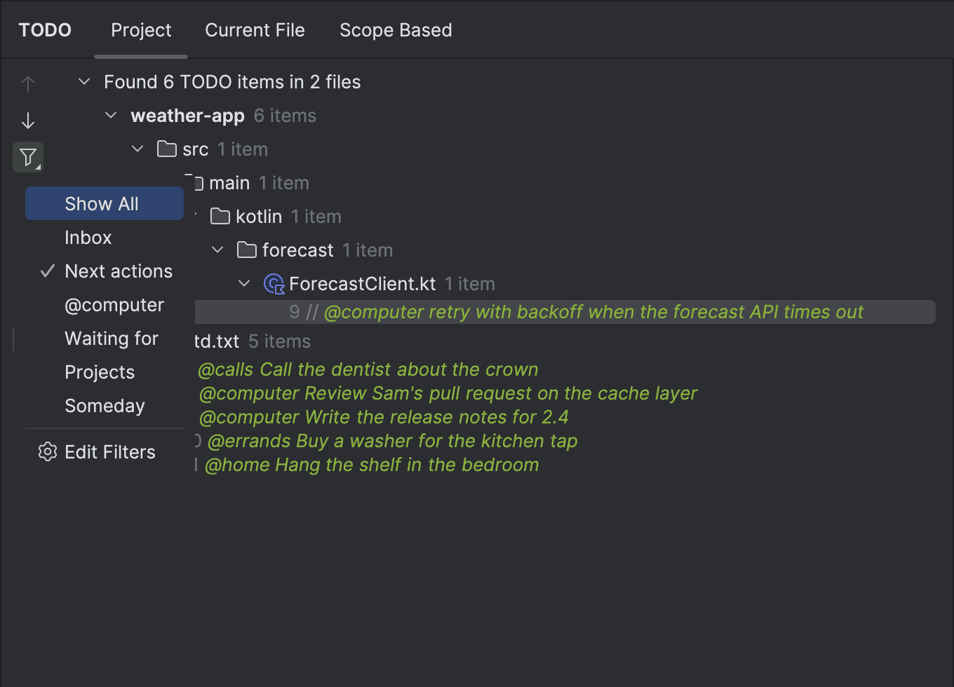 The TODO tool window's filter menu listing Show All, Inbox, Next actions, @computer, Waiting for, Projects and Someday