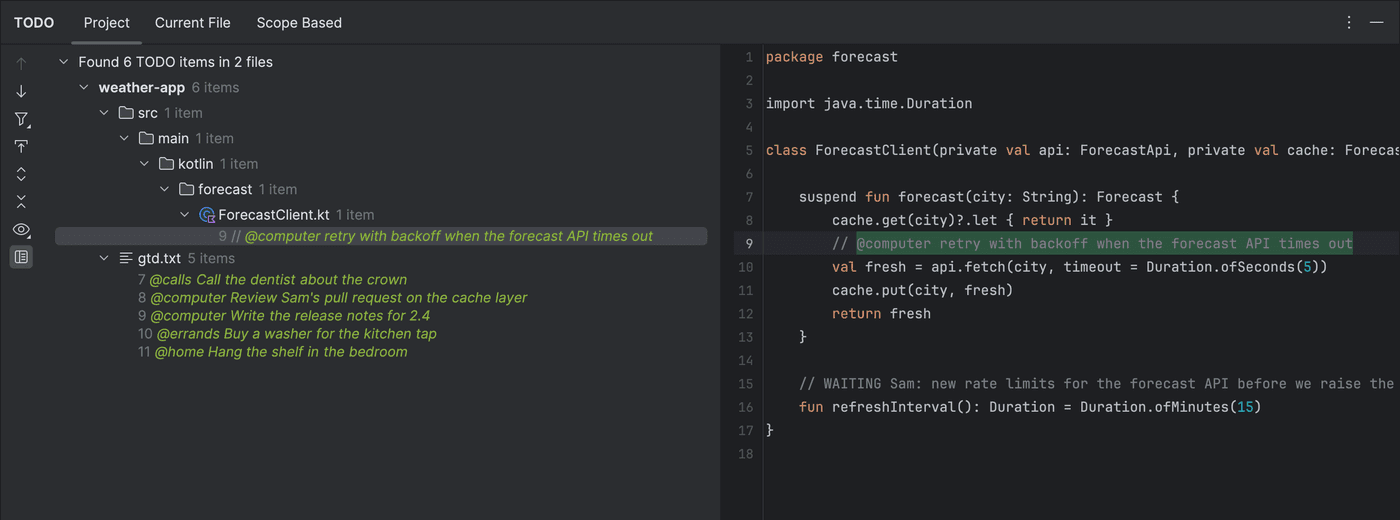The TODO tool window filtered to Next actions, showing a @computer comment in ForecastClient.kt and five context lines in gtd.txt, with the comment's source line in the preview