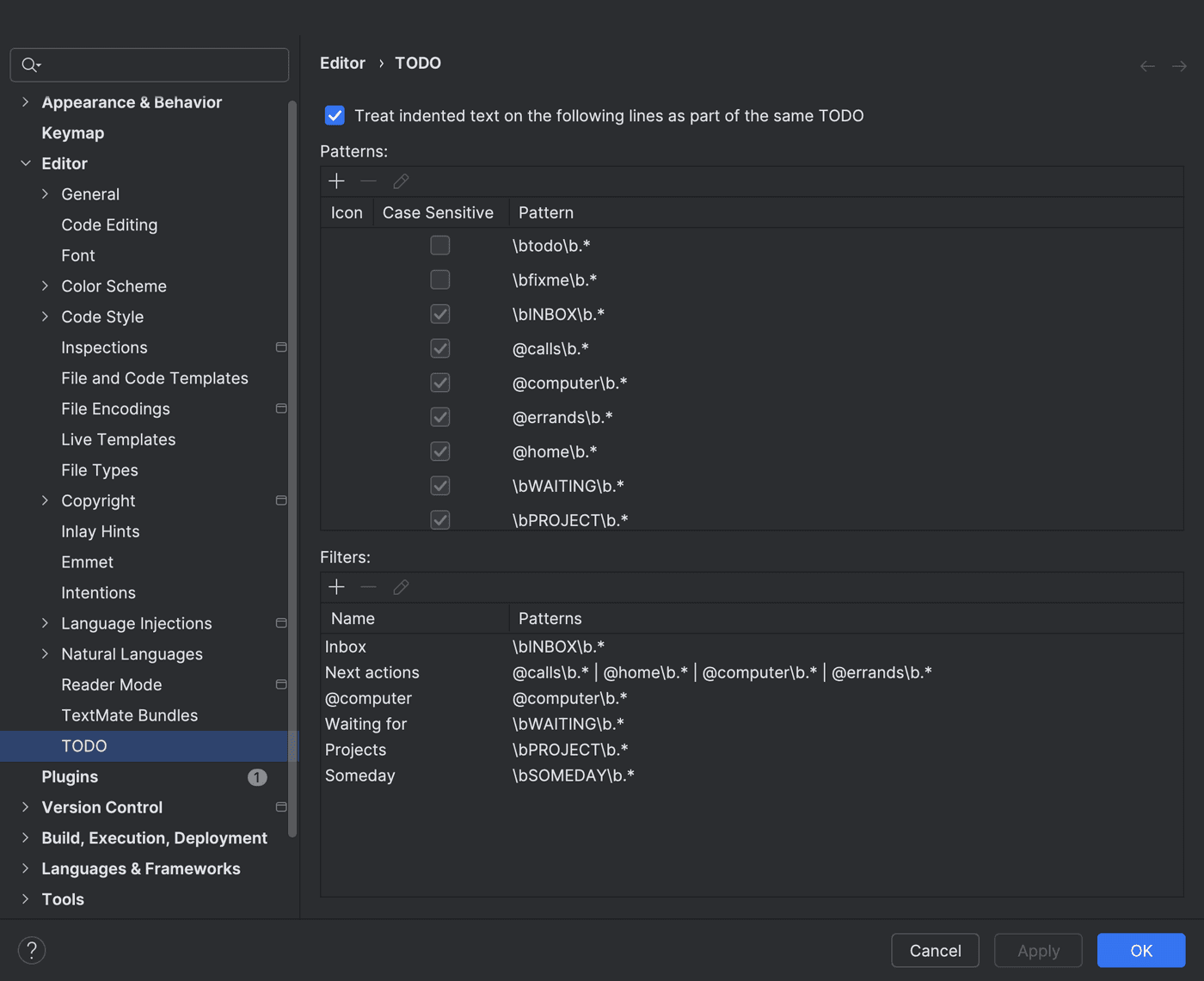 IntelliJ IDEA Settings, Editor, TODO page with case-sensitive patterns for INBOX, @calls, @computer, @errands, @home, WAITING and PROJECT, and filters named Inbox, Next actions, @computer, Waiting for, Projects and Someday