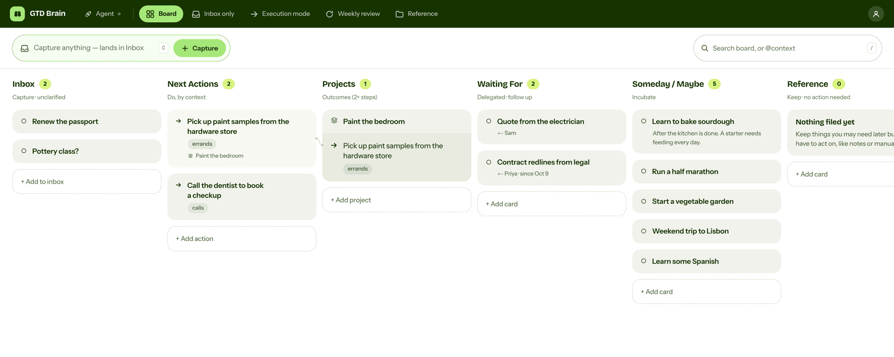 The GTD Brain board on the web with the Someday / Maybe column holding five cards: Learn to bake sourdough, Run a half marathon, Start a vegetable garden, Weekend trip to Lisbon and Learn some Spanish