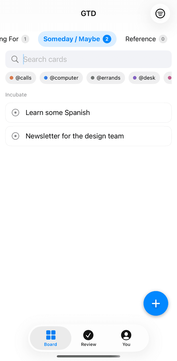 The GTD Brain iPhone app on the Someday / Maybe tab, marked Incubate, with two cards: Learn some Spanish and Newsletter for the design team