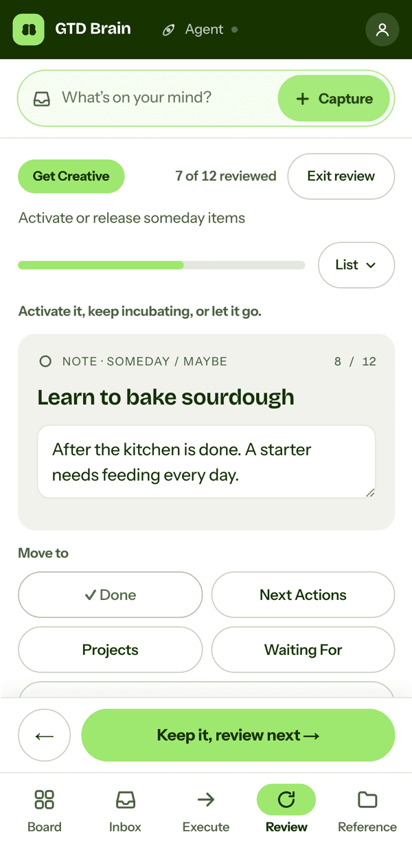 The GTD Brain weekly review in a phone browser on the Get Creative step, with the card Learn to bake sourdough, Move to buttons and Keep it, review next