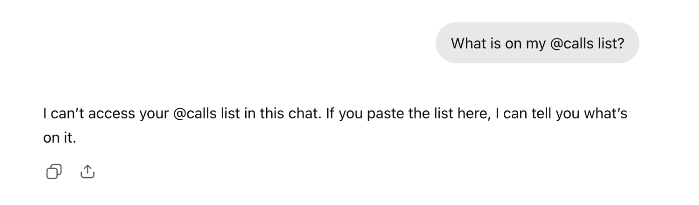 A fresh ChatGPT chat asked for the @calls list answers that it cannot access the list in this chat
