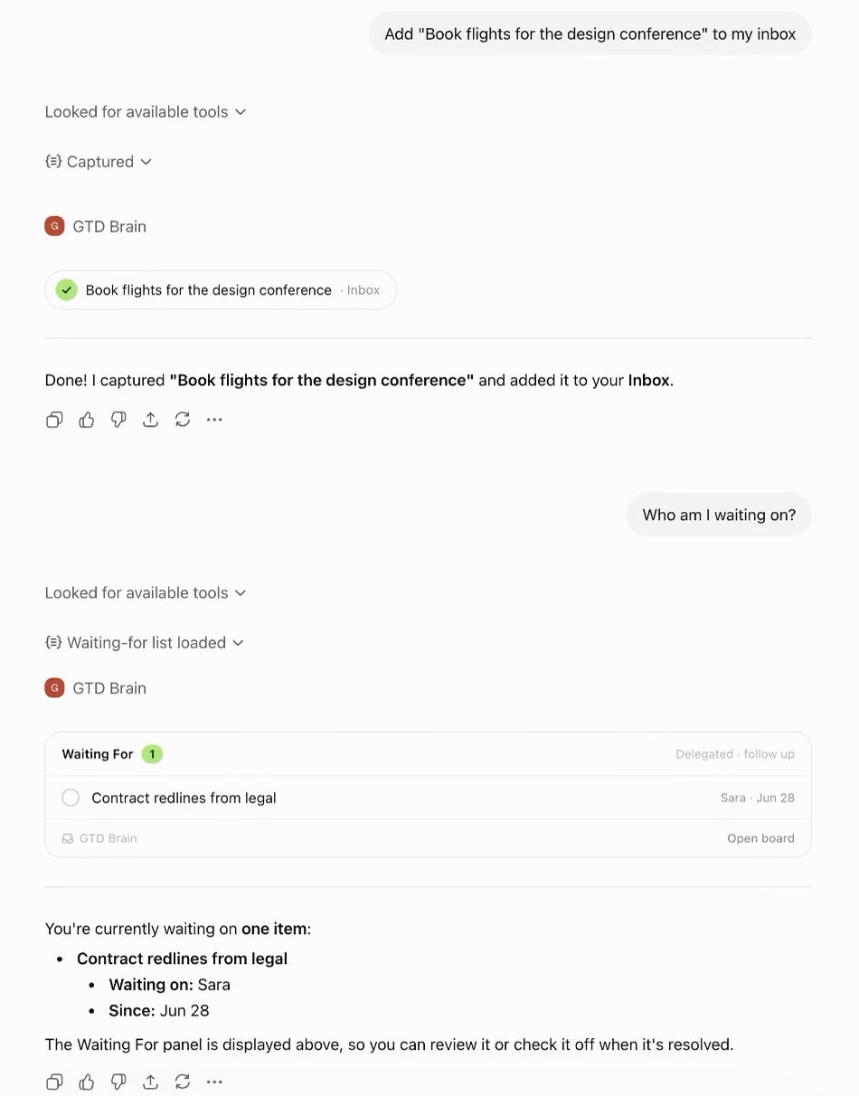 ChatGPT with the GTD Brain app connected: a captured card is confirmed and the Waiting For list is shown inline