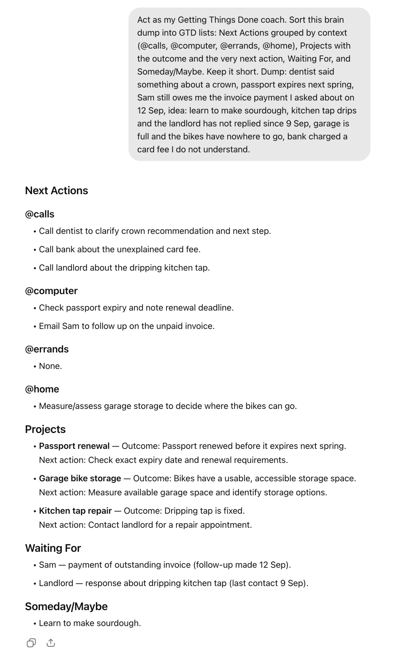 ChatGPT sorting a brain dump into GTD next actions by context, projects with a next action, waiting for and someday/maybe