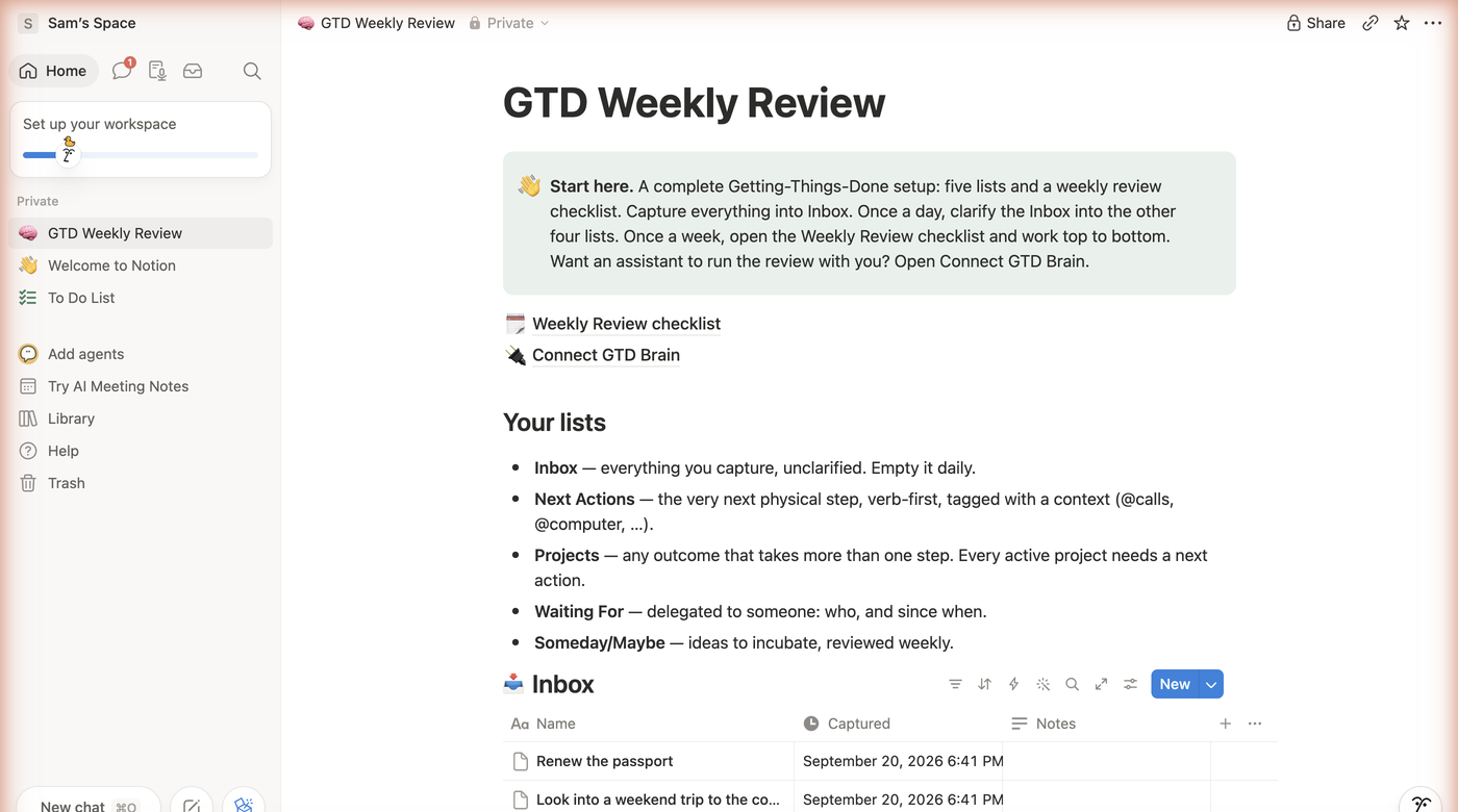 The GTD Weekly Review template duplicated into a Notion workspace: the Start here callout, the Weekly Review checklist and Connect GTD Brain sub-pages, the Your lists summary and the Inbox database with two sample rows