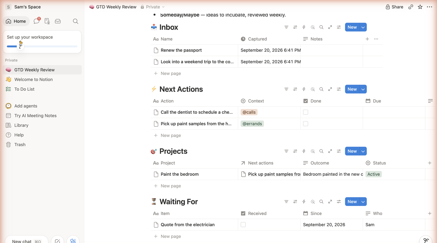 The Inbox, Next Actions, Projects and Waiting For databases in the template, each with sample rows: two captured items, two next actions tagged @calls and @errands, the Paint the bedroom project linked to its action, and a quote from the electrician waited on since today