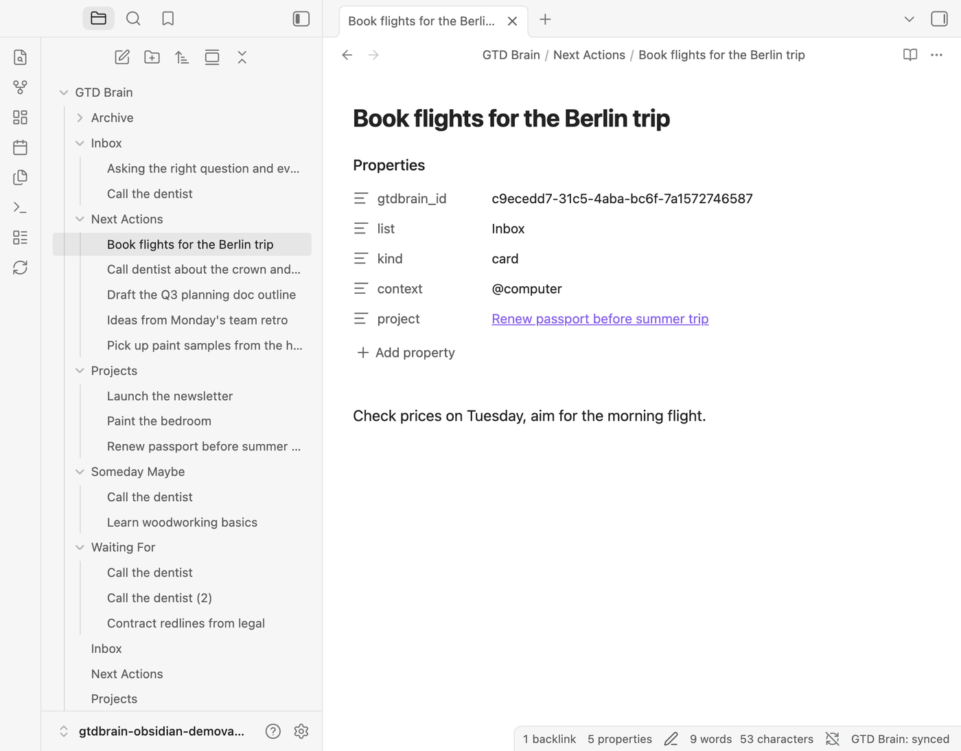 The Book flights note now in the Next Actions folder, with context @computer and project Renew passport before summer trip set as properties
