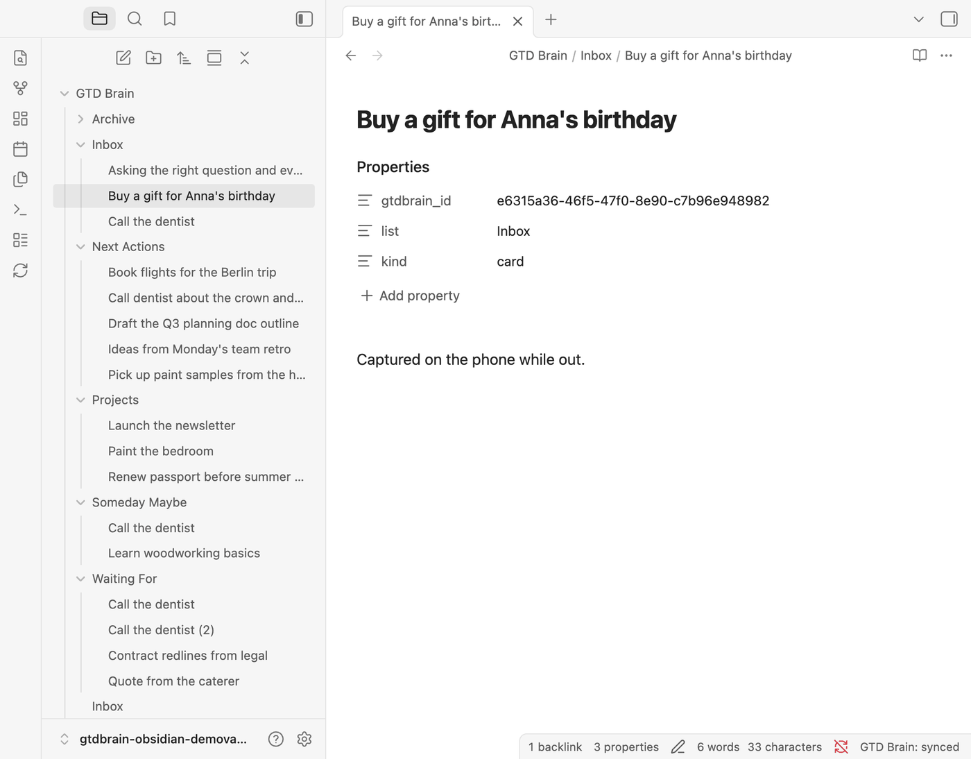A note called Buy a gift for Anna's birthday that arrived in the Inbox folder from the phone app, with its card id, list and kind as properties