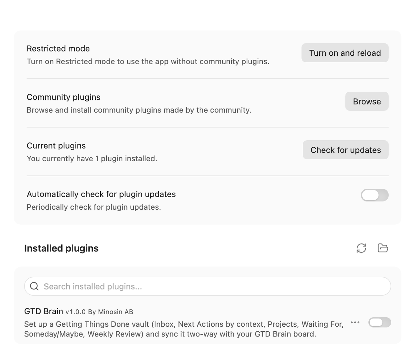 Obsidian's Community plugins settings with GTD Brain v1.0.0 installed and its enable toggle still off