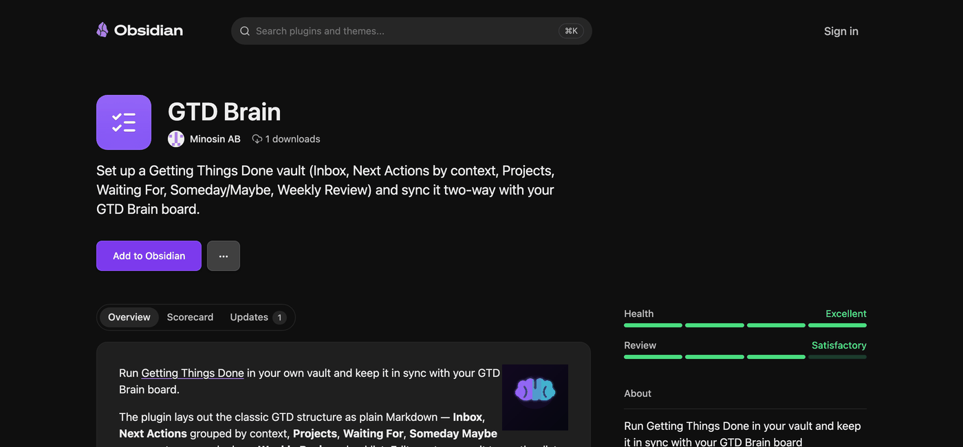 The GTD Brain plugin page in the Obsidian community directory with the Add to Obsidian button