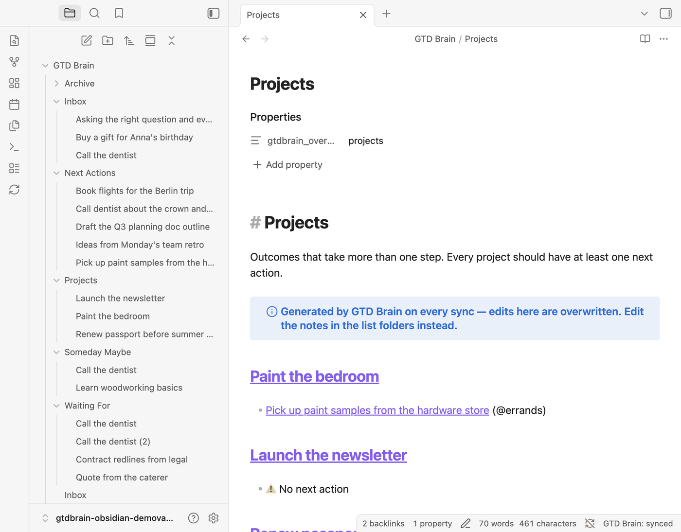 The Projects overview note listing Paint the bedroom with one action, Launch the newsletter flagged with No next action, and Renew passport with its action