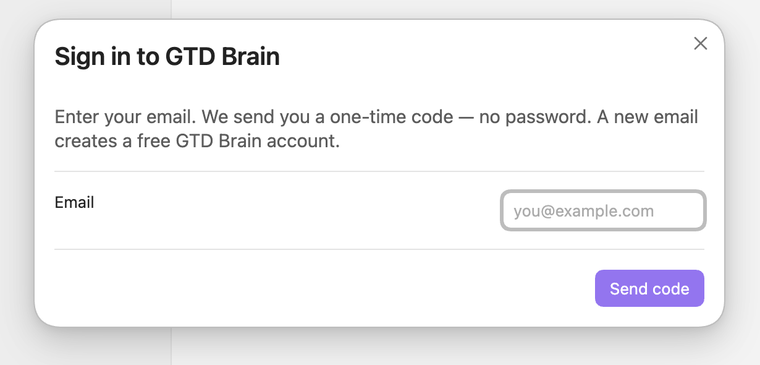 The Sign in to GTD Brain dialog asking for an email address