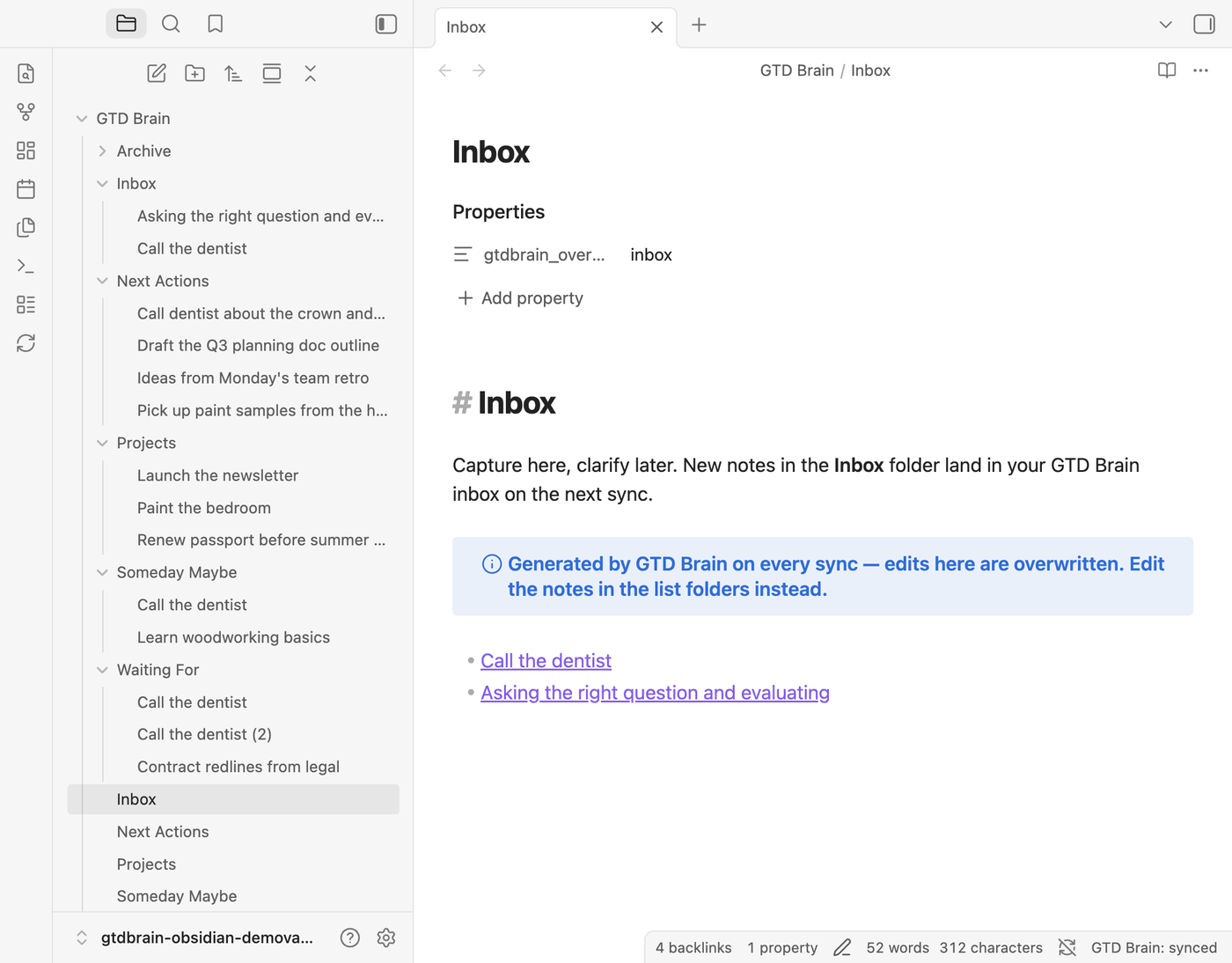 Obsidian file explorer showing the GTD Brain folder with Inbox, Next Actions, Projects, Someday Maybe and Waiting For folders full of notes, and the Inbox overview note open