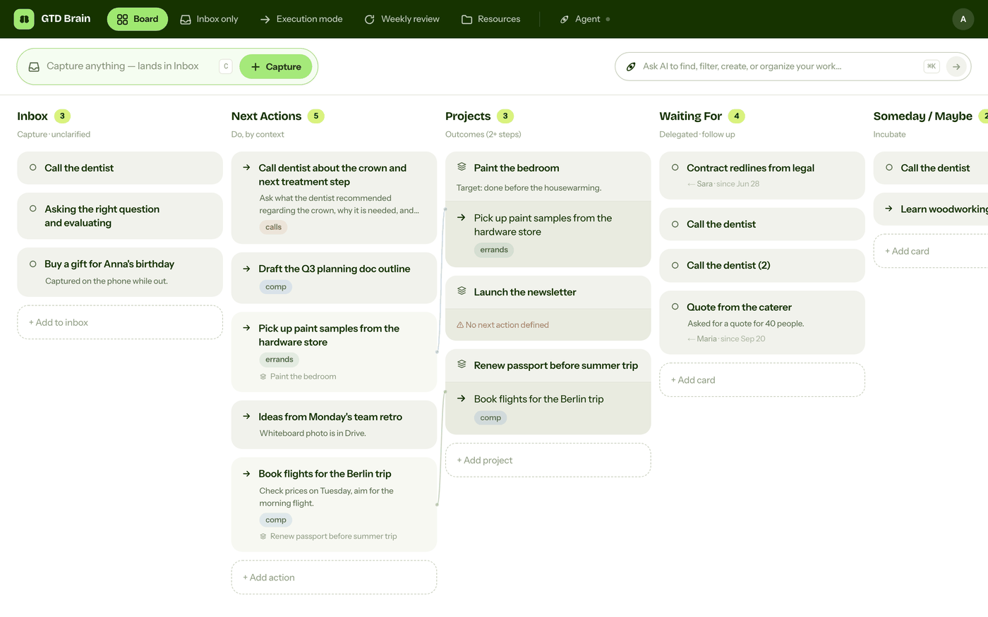 The GTD Brain web board with the same cards as the vault: the Berlin flights action under Next Actions linked to its project, the caterer quote in Waiting For with who and since