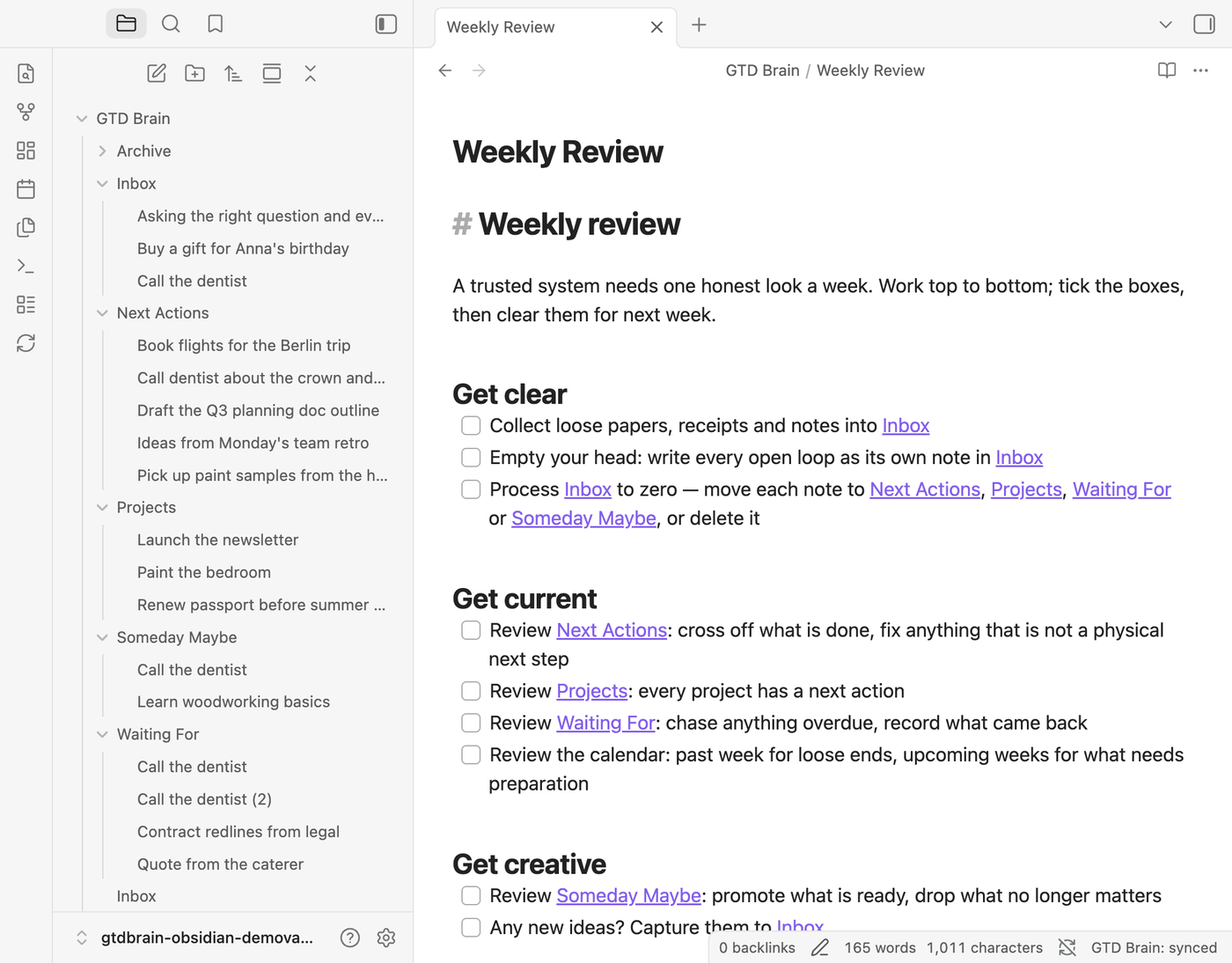 The Weekly Review checklist note with Get clear, Get current and Get creative sections, each item linking to a list