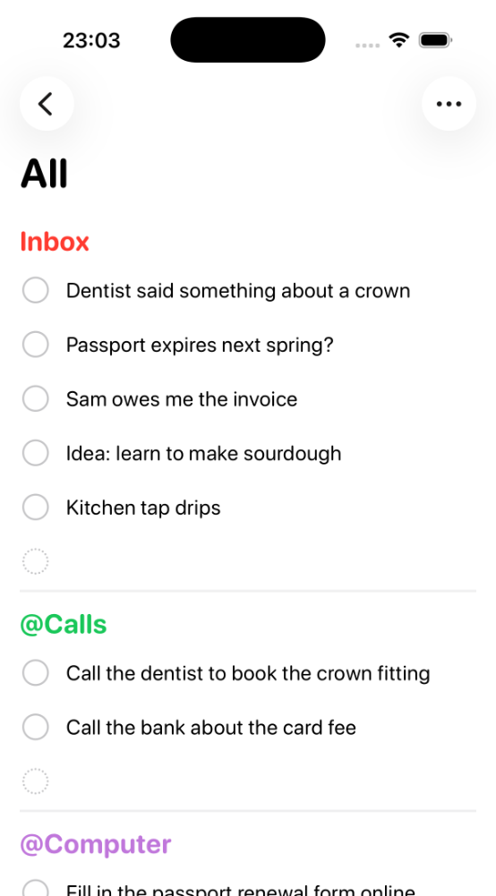 The All view in Apple Reminders showing every list stacked for a weekly review
