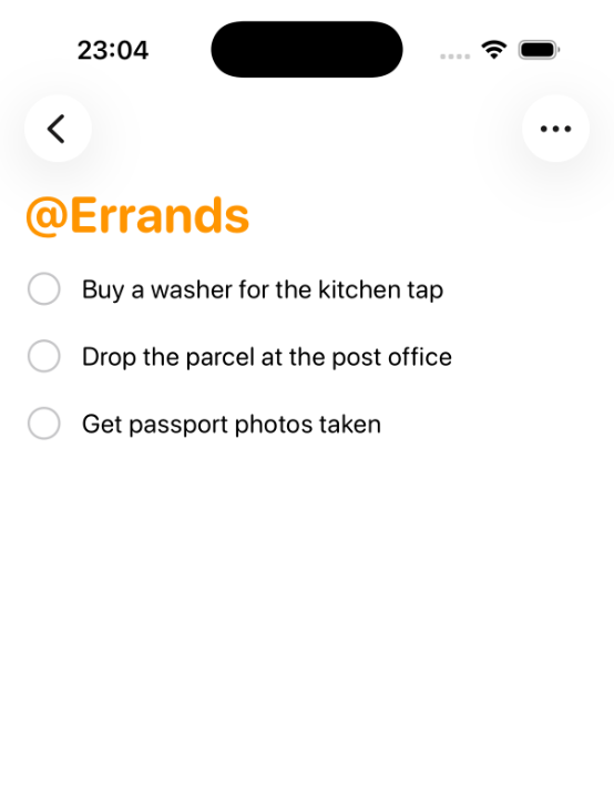 The @Errands list in Apple Reminders with three next actions