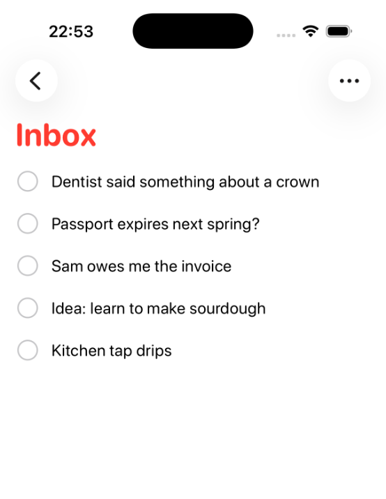 The Inbox list in Apple Reminders holding five unsorted captures