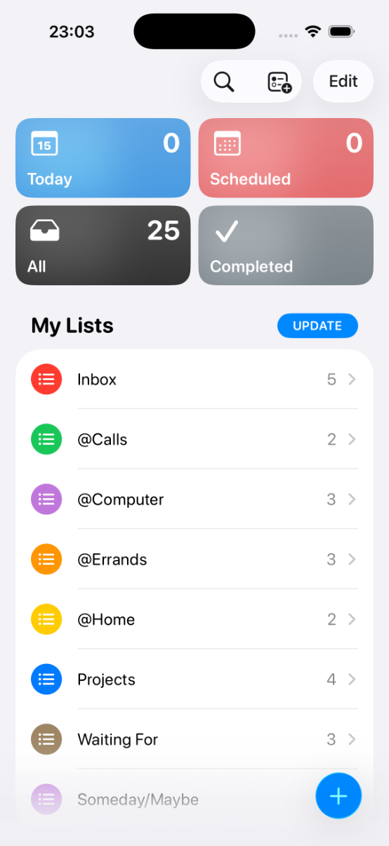 Apple Reminders list overview with Inbox, @Calls, @Computer, @Errands, @Home, Projects, Waiting For and Someday/Maybe lists