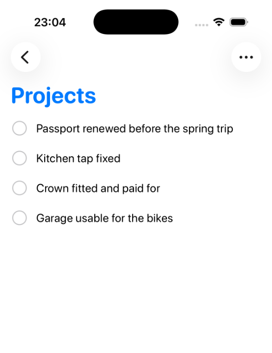 The Projects list in Apple Reminders with four project outcomes