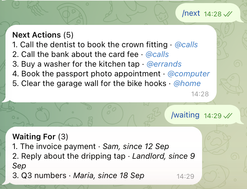 The GTD Brain bot in Telegram answering /next with five next actions and their contexts, and /waiting with three waiting-for items, who they are with and since when